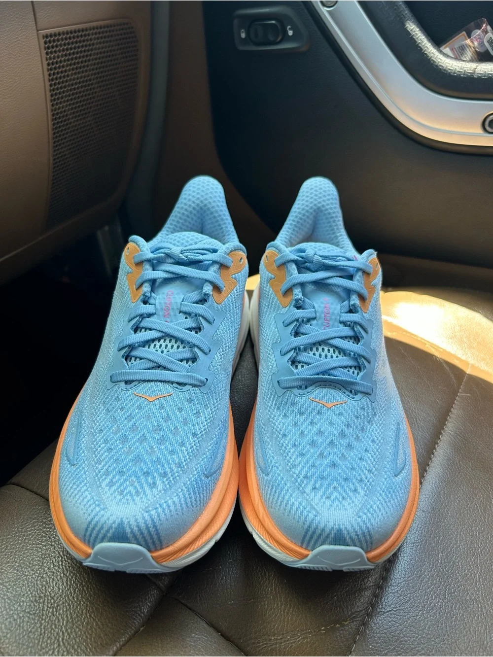 Hokas Light Blue and Peach Women's Running Shoes